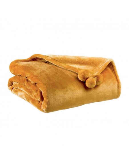 THROW VIVARAISE TENDER POMPONS OCRE 130×170 100% POLYESTER
